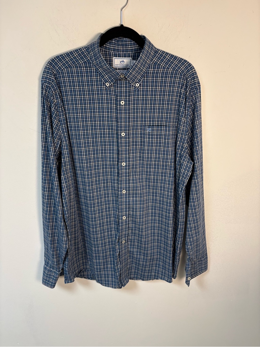 Southern Tide Blue Plaid Button-Down Shirt Cotton Blend Large